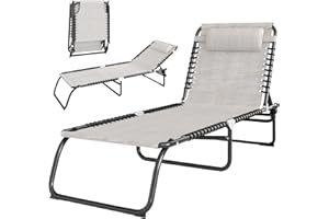 Outsunny Folding Chaise Lounge Chair, Patio Sun Tanning Chair, Outdoor Chaise Lounger with 4-Position Reclining Back, Breathable Mesh Seat for Beach, Poolside, Yard, Cream White
