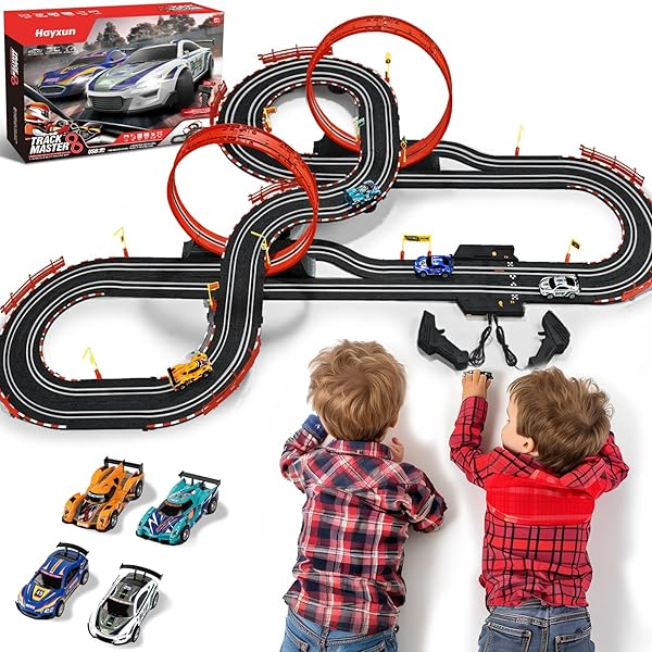 30 FT SLOT CAR RACE TRACKS SETS TOYS FOR AGES 8-10 -1:43 DUAL RACE CAR TRACK WITH 4 SLOT CARS, 2 HAND CONTROLLERS, CHRISTMAS, BIRTHDAY GIFT TOYS FOR AGES 8-13