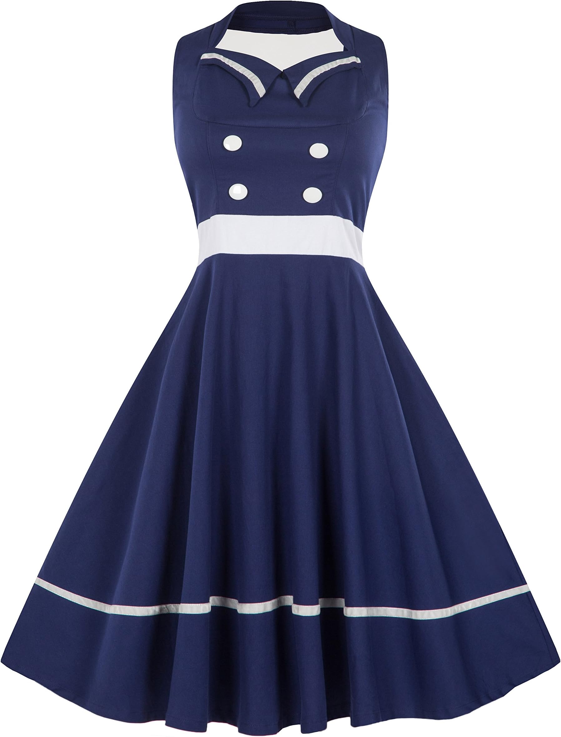Women's Vintage Pin Up Sailor Collar Halter Swing Dress