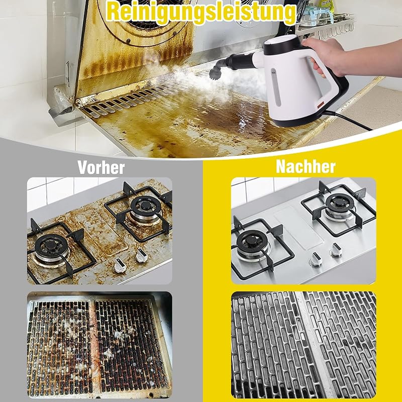 Handdampfreiniger, 400 ml Druck-Mehrzweckdampfreiniger mit 9-teiligem Zubehör, chemikalienfreier Dampfreiniger für den Heimgebrauch, Reinigung von Böden, Fliesen, Fenstern, Sofas (Weiß)