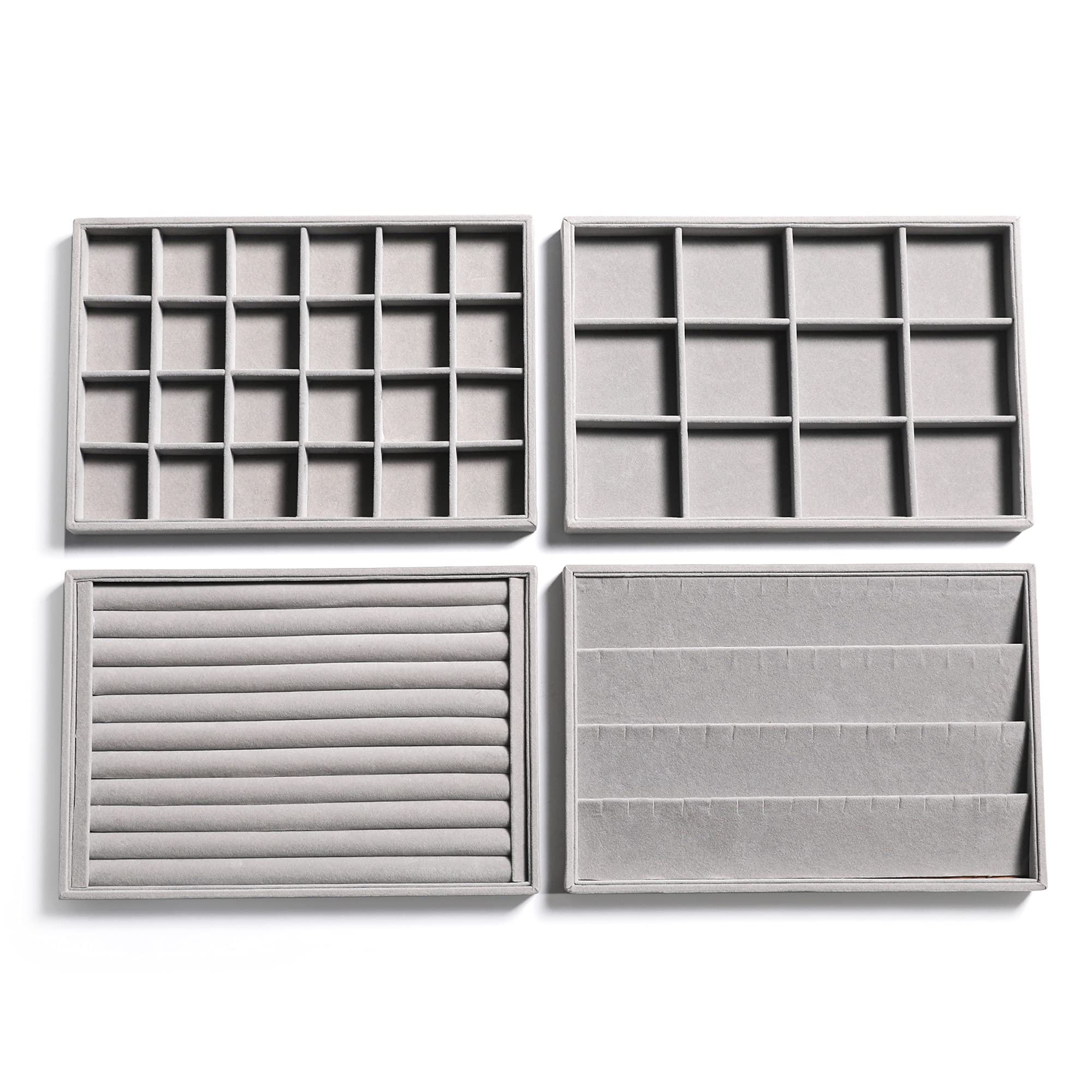 Stackable Velvet Jewelry Organizer Trays for Drawers Inserts Jewelry Storage Tray Display Case Earrings Bracelets Necklace Rings Accessories Trays for Women Girls(Set of 4)(Grey).