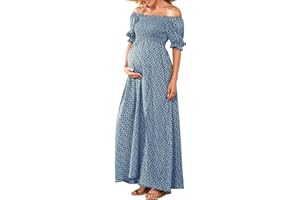 GURUIXU Floral Maternity Dress Square Neck Puff Sleeve Smocked Boho Photoshoot Baby Shower Pregnancy Dresses