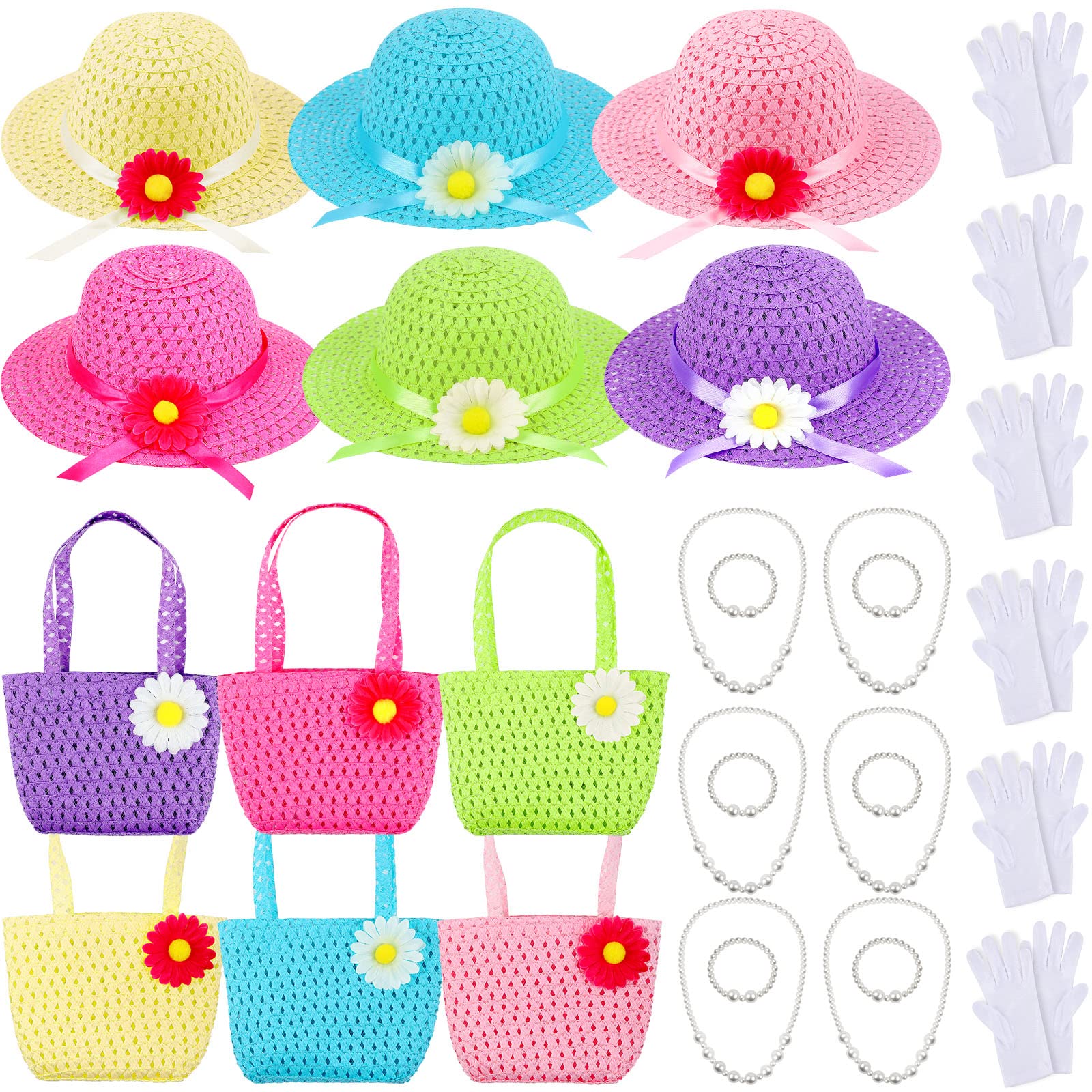 Photo 1 of Zhanmai 6 Sets Girls Tea Party Dress Play Set Includes 6 Daisy Tea Party Hats, 6 Straw Purse, 6 Pairs Gloves, 6 Pearl Necklace Bracelet Set for Girls Princess Tea Birthday Supplies