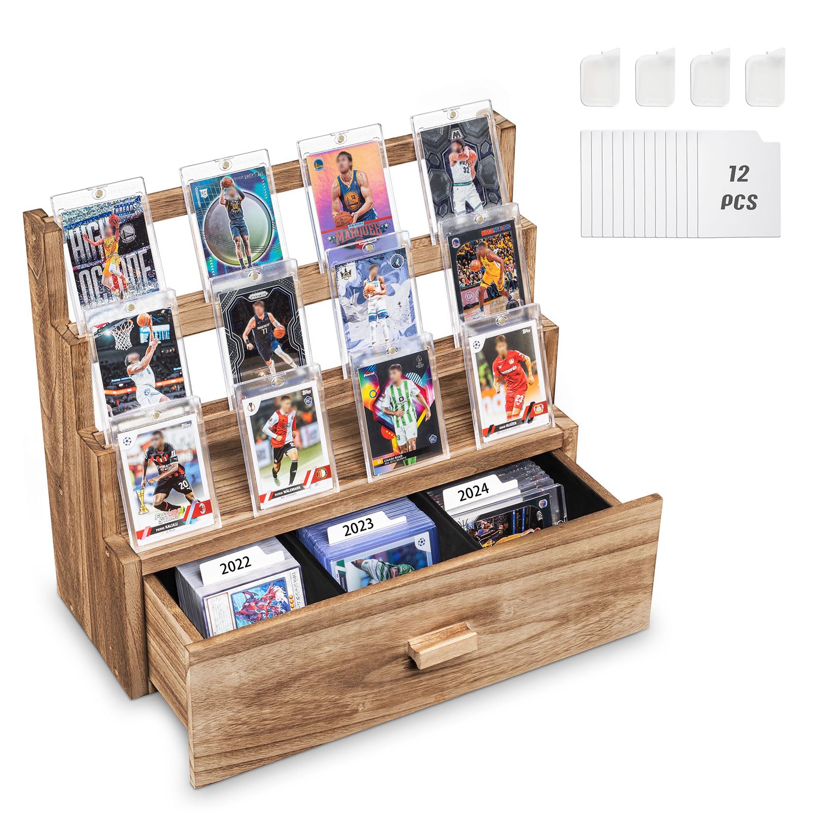 Emfogoo Trading Card Display, 3-Tier Wooden Trading Card Storage with Custom Drawer, Graded Card Storage with Card Supporters and Dividers, Sports Card Display Case for Card Game Collection (Rustic)