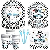 Suhelkit Race Car 1st Birthday Party Supplies - Fast One Plates And Napkins Decorations Boys Tableware, Plate, Cup, Napkin, Fork, Blue Race Car One-Year-Old Decorations | Serve 24