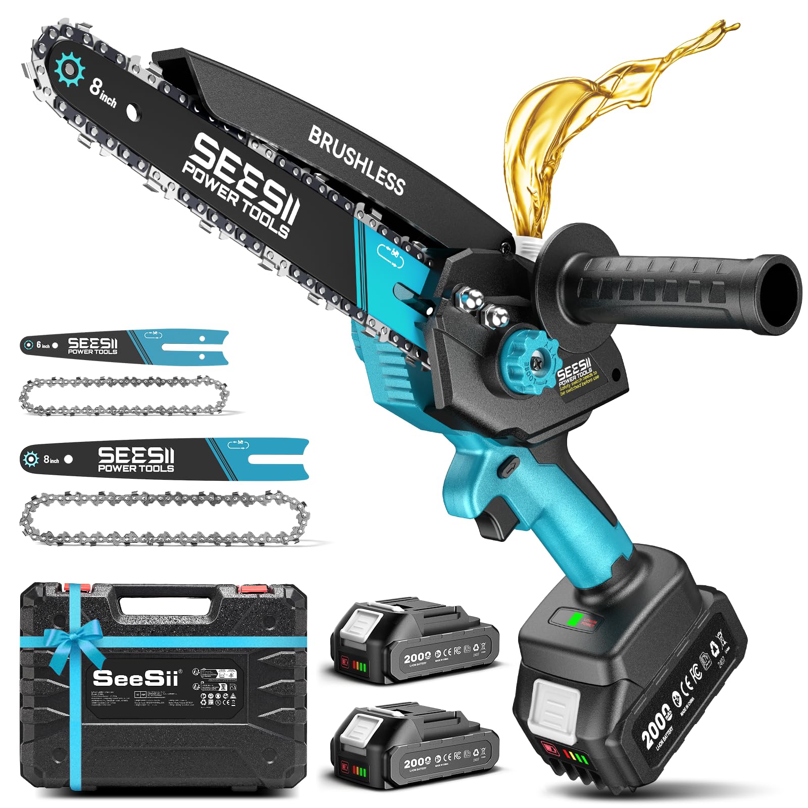 Seesii Mini Chainsaw Cordless, 8 Inch & 6 Inch Electric Chainsaw with 2 Batteries & Auto Oiler, 1000W Brushless Handheld Chain Saw for Tree Branch Wood Cutting, Garden Tools Gift for Men Dad Husband Image