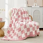 Snuggle Sac Pink Checkered Throw Blanket Faux Fur Microfiber Blankets for Couch,Cozy Soft Warm Blanket for Sofa Bedroom Living Room,Pink Checker,50x60 inches
