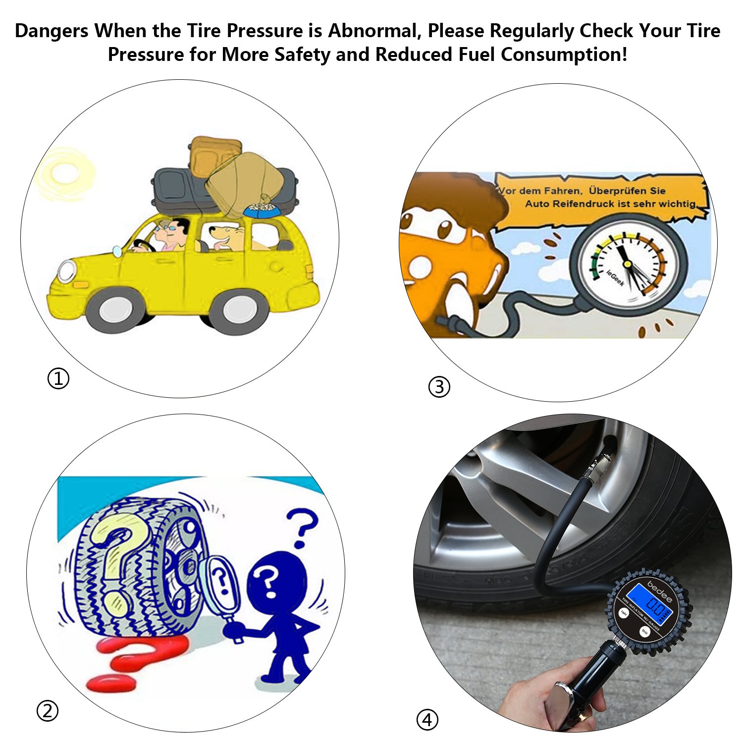 bedee Tyre Inflator, Tyre Pressure Gauge Tyre Pump with LED Light Blow Gun Pressure Gauge Electric Portable Air pump Tyre Inflator/Deflator 200 PSI High-Precision for Car Truck Van Motorcycle