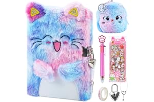 ZCOINS 5 Pcs Cat Plush Secret Diary Set with Lock and Key for 8-12 Year Old Girl Gifts, Cute Journal Notebook Stationary Gift