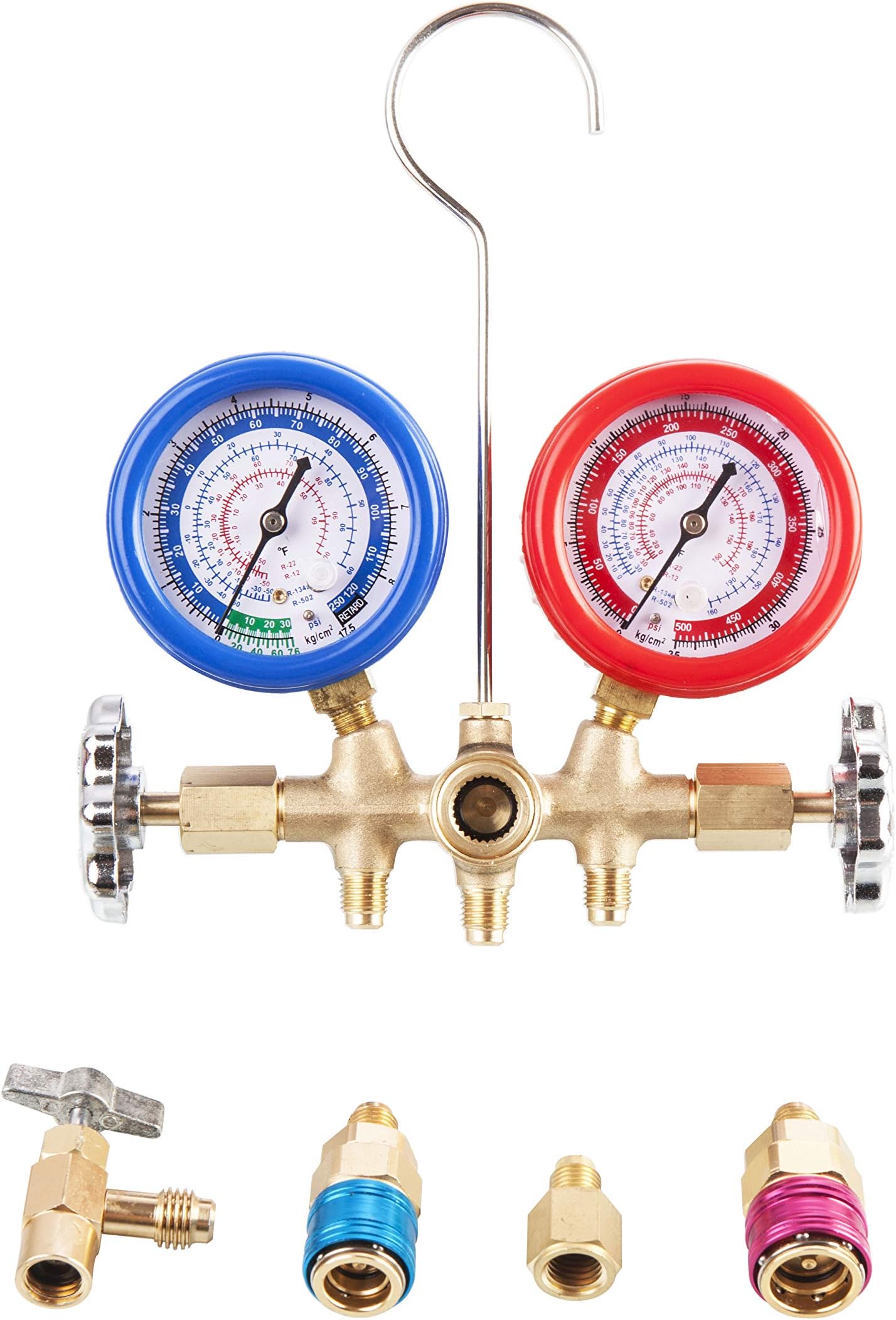 Aain® LX102V Car HVAC R134a Refrigeration Freon Gauge Set Manifold Diagnostic Gauge Set A/C Refrigerant Manifold Freon Gauge Set for R134A R12, R22, R502 Refrigerants, with Couplers and ACME Adapter
