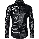 ZEROYAA Men's Shiny Metallic Sequin Long Sleeve Button Down Shirts for Halloween Cosplay Party