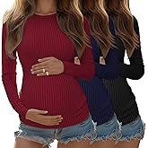 Riyiper 3 Pack Women's Maternity Shirts Long Sleeve Ribbed Knit Pregnancy Tees Crewneck Tunic Clothes Casual Fall Tops(Wine Red, Navy Blue, Black,Medium)