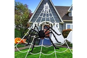 KUCHEY Halloween Decorations Outdoor 200'' Triangular Spider Web + 47'' Giant Fake Spiders, Halloween Decor Indoor Clearance for Home Outside Yard Costumes Party Haunted House Garden Lawn