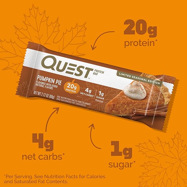 QUEST NUTRITION PUMPKIN PIE PROTEIN BAR, 20G PROTEIN, 4G NET CARB, 1G SUGAR, GLUTEN FREE, 12 COUNT