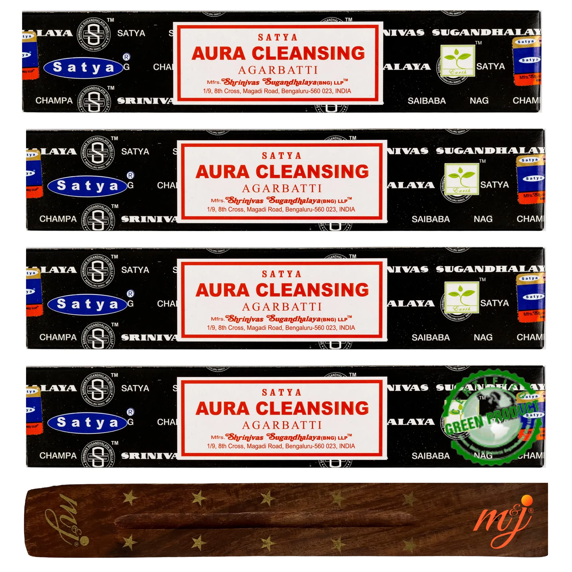 Original Satya Nag Champa Aura Cleansing Incense Sticks | with M&J incense sticks holder | x4 pack | for Aromatherapy, Spa, Yoga, Weddings, Meditation, Healing, Positivity and Relaxation — image 1