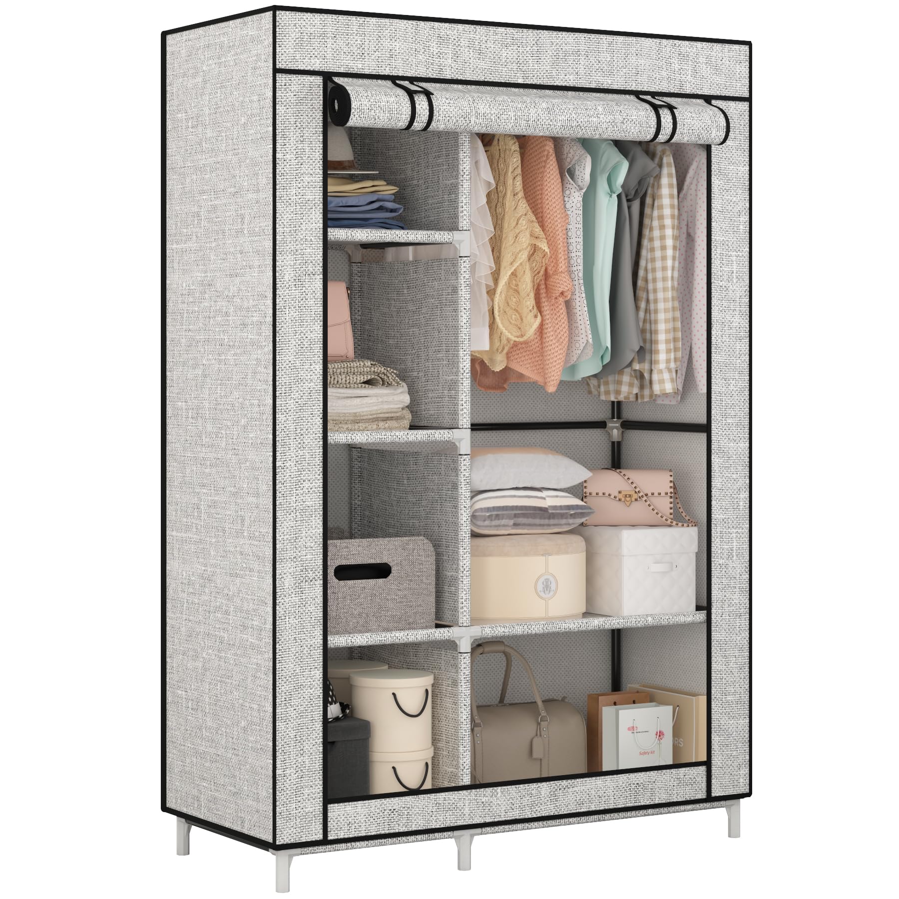Photo 1 of Calmootey Portable Closet Organizers, Clothing Storage, Wardrobe with 6 Shelves and Hanging Rod, Non-Woven Fabric Cover with 4 Side Pockets, Ash Grey