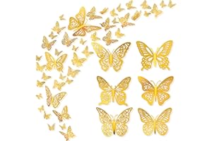 MOREYES Butterfly Wall Decor Sticker, 144 Pcs 3 Size 6 Styles, 3D Gold Removable Butterfly Sticker Decor for Birthday Party, Wedding Balloon Garland, Christmas, Girls Kids Room