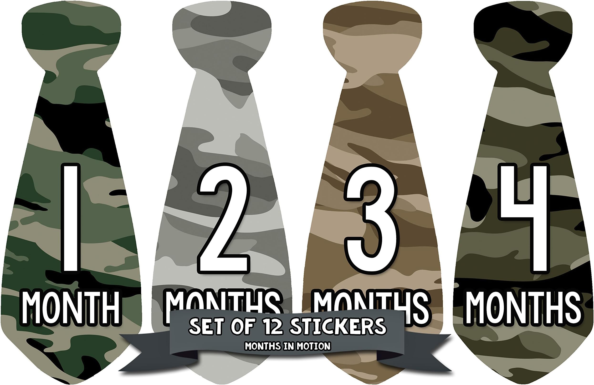 Months In Motion Monthly Baby Tie Stickers - Boy Month Milestone Necktie Sticker - Onesie Month Sticker - Infant Photo Prop for First Year - Shower Gift - Newborn Keepsakes - Camo Camouflage