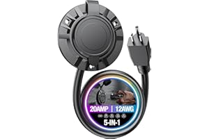 MonsterPwr 20A 125V RV Outdoor Electrical Outlet Receptacle with 5-in-1 T-Blade Adapter (1-15P/5-15P/5-20P/6-15P/6-20P), Waterproof Outdoor Power Outlet with Heavy Duty 12AWG Extension Cord 16 INCH