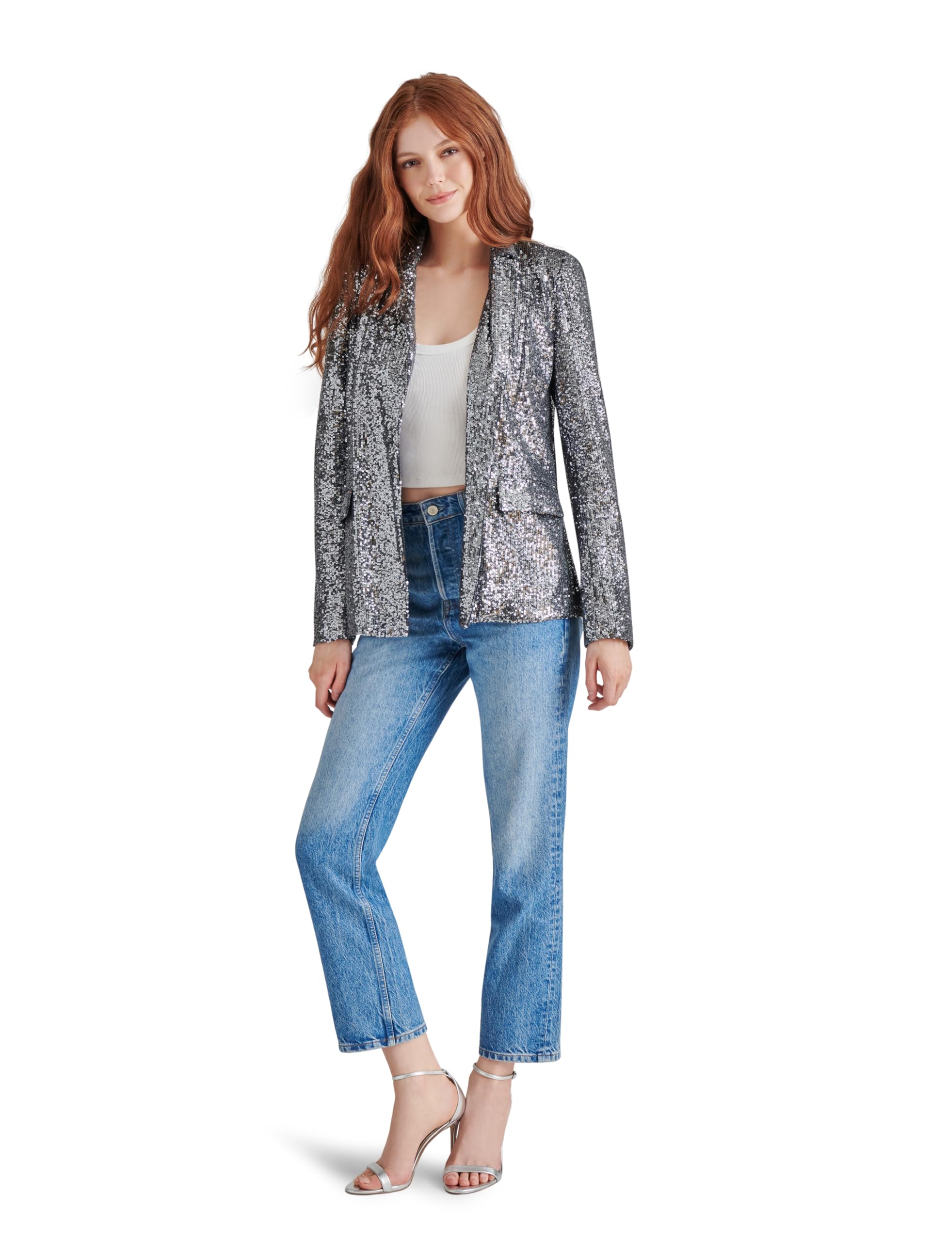 Steve Madden Apparel Women’s Payton Blazer, Silver Sequin