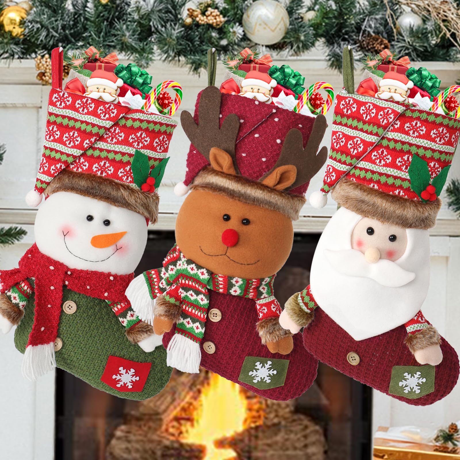 LOMOHOO 3 Pack Christmas Stockings,46cm Large Xmas Stockings with 3D Snowflake Santa Snowman Reindeer Knit Stockings for Stairs Fireplace Hanging Christmas Ornaments Holiday Decor