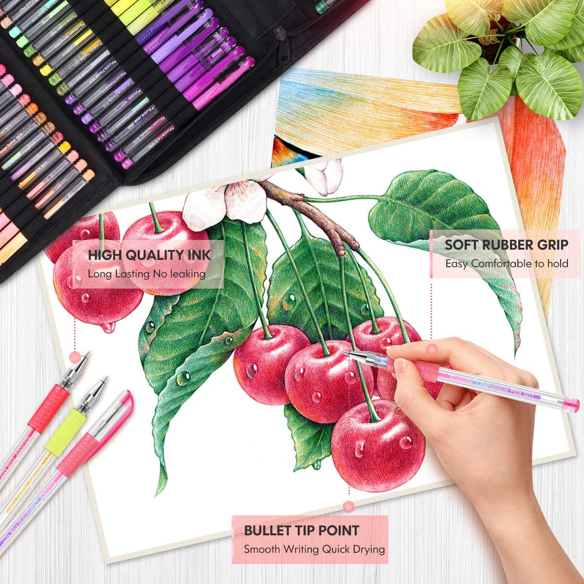 Gel Pens for Adult Coloring Books, 122 Pack Artist Colored Gel Marker Pens Set with 40% More Ink for Kids Art Supplies Drawing Note Taking Crafts Scrapbooks Bullet Journaling Doodling : Office Products
