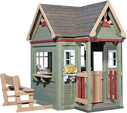 wooden playhouse with bench