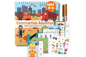 Totebook Kids Travel Educational Activity Book with Washable Markers - Car and Airplane Activities, Learning Toys for Toddlers- Search and Find, Reusable Stickers for Ages 4, 5, 6 (Construction)