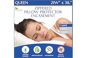 FOUR SEASONS ESSENTIALS Queen Size Waterproof Pillow Protectors (Set of 4) – Zippered Allergy Pillowcase Cover Dust Proof Encasement
