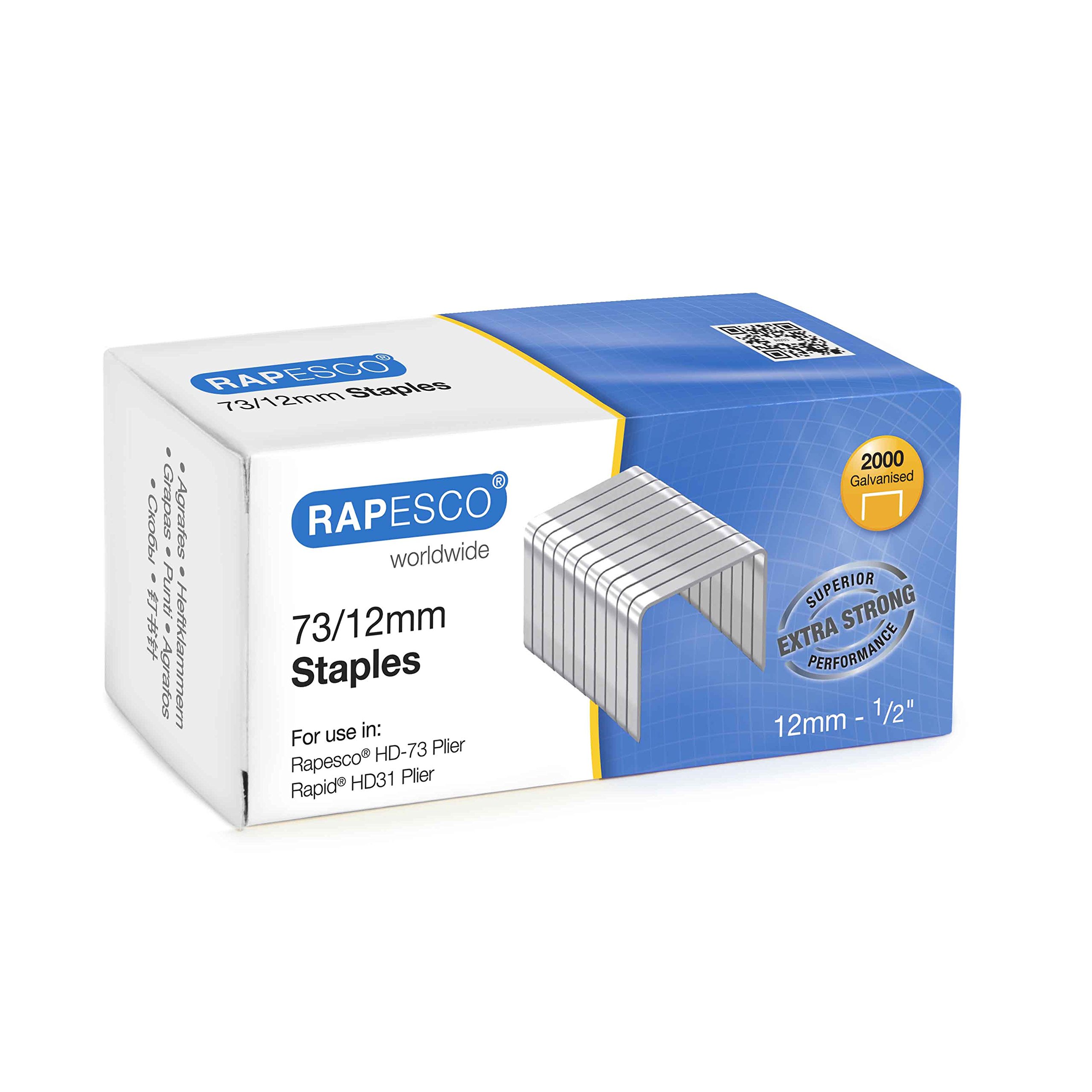 Rapesco 1261 Type 73/12 mm Galvanised Heavy Duty Staples, Pack of 2000