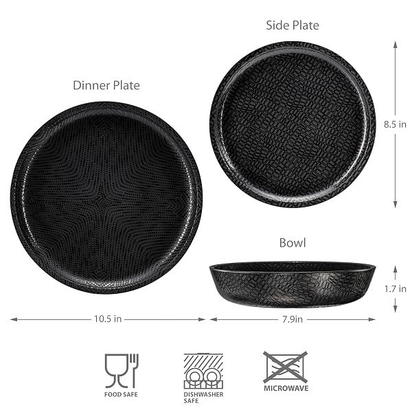 BZYOO 12 PIECE MELAMINE DINNERWARE SET – DURABLE, DISHWASHER SAFE BLACK PLATES AND BOWLS – CASUAL DINING, PARTIES, CAMPING DISH SET MONO BLACK COLLECTION