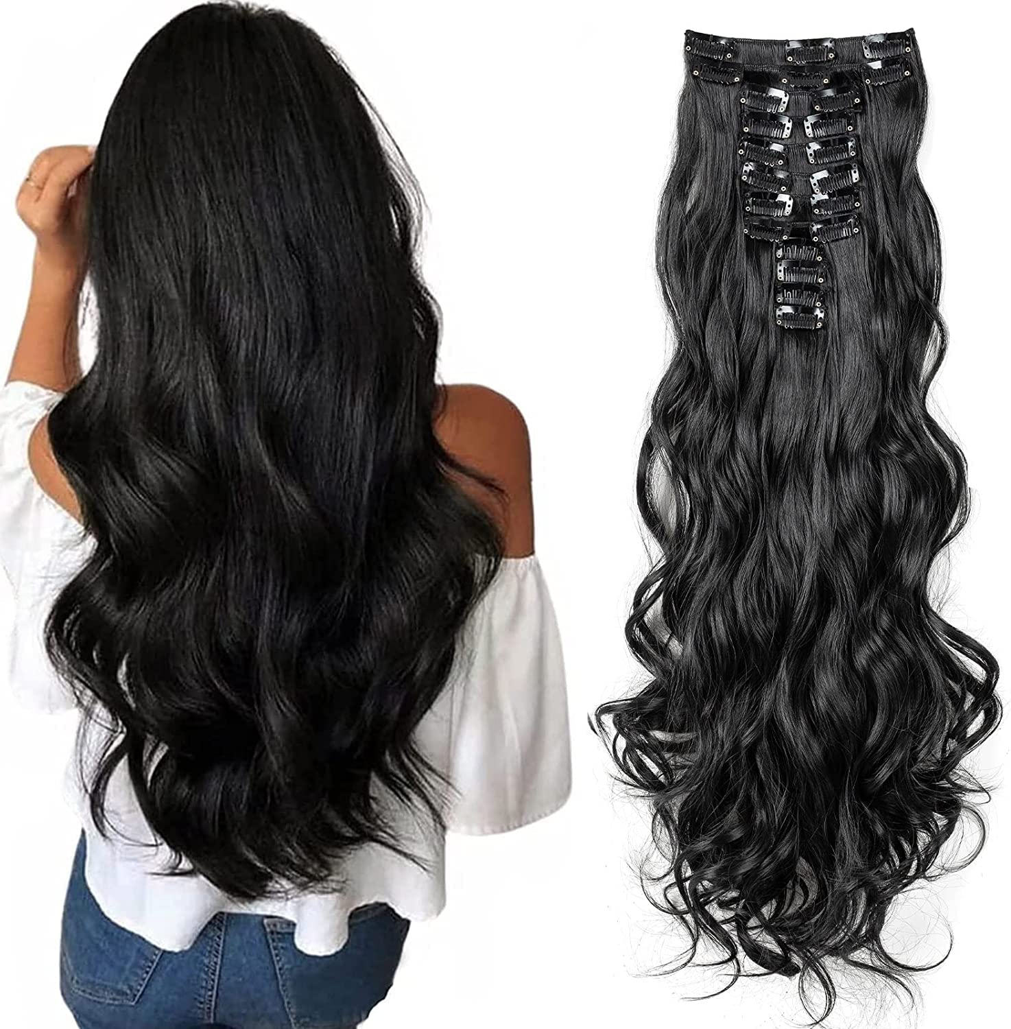 22 Inch Long Curly Clip-in Hair Extensions, Full Head Synthetic, 180g Thick Double Weft, #1B Natural Black Wavy Hairpieces for Women