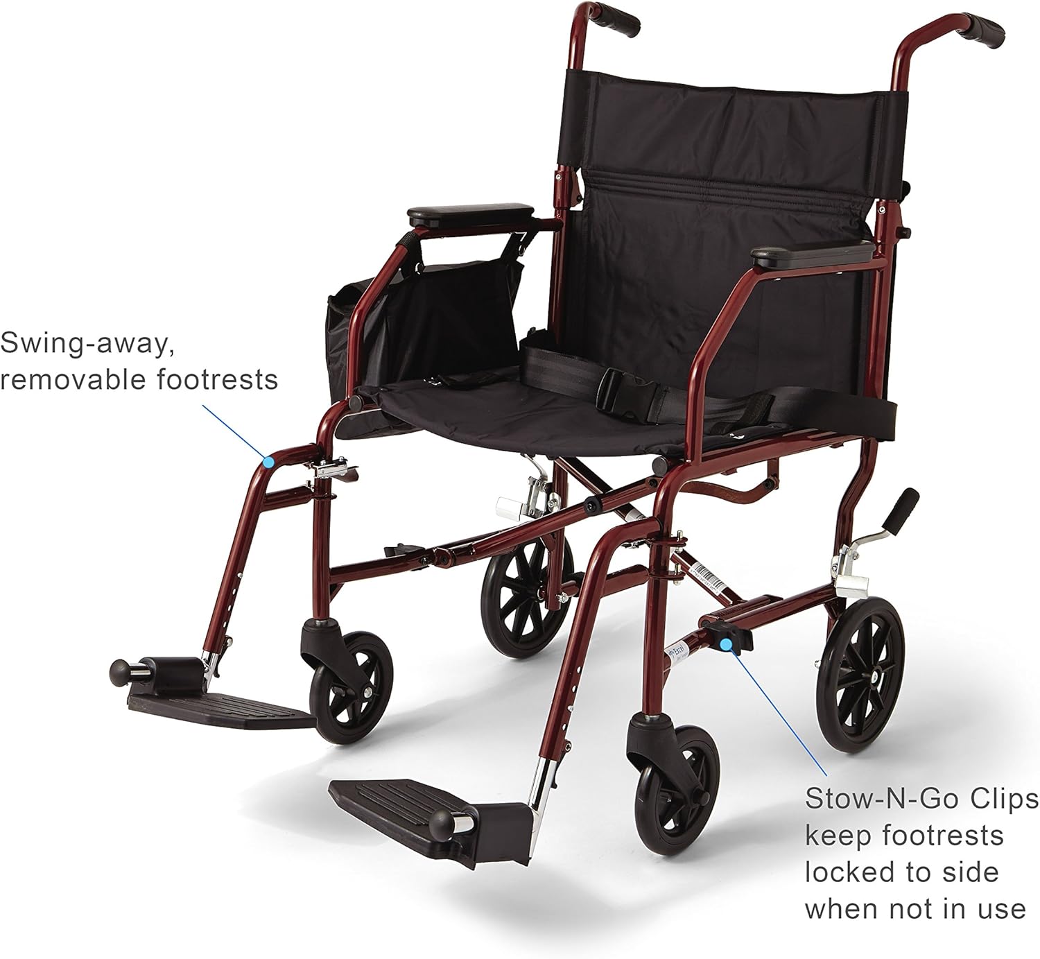 Medline Lightweight Steel Transport Chair, 19" Wide Seat,Desk-Length Arms, Swing Away Footrests, Burgundy Frame: Health & Personal Care