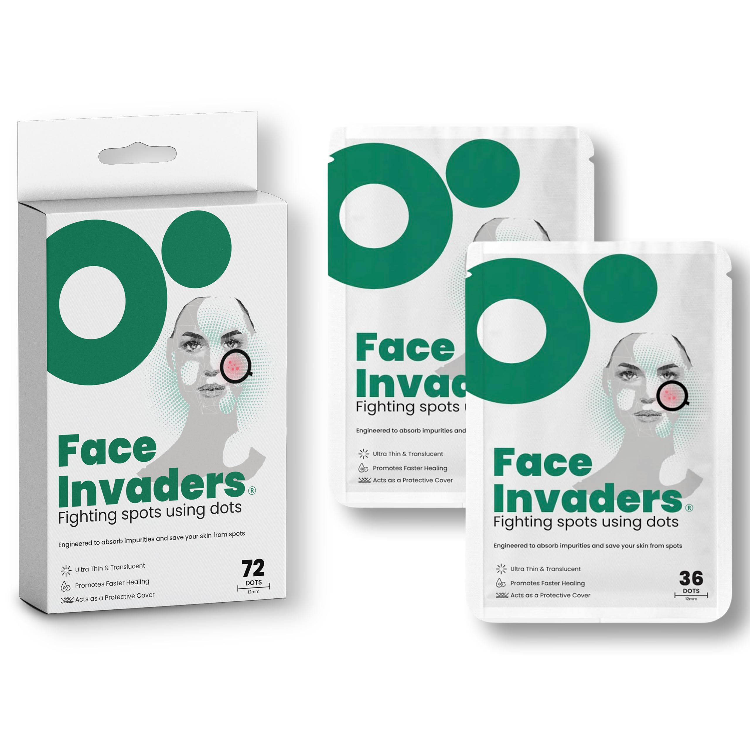 Face Invaders Acne Patches | Pack of 72 Translucent Hydrocolloid Pimple Patch Spot Treatment Stickers for Face and Body | Fast-Acting, Vegan & Cruelty Free Skin Care