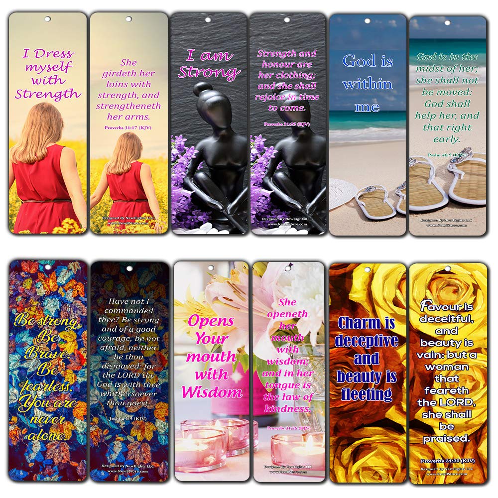 Feminine Strength Scripture Bookmarks (12 Pack) - Collection of Inspiring and Motivational Bible Verses and Quotes for Women