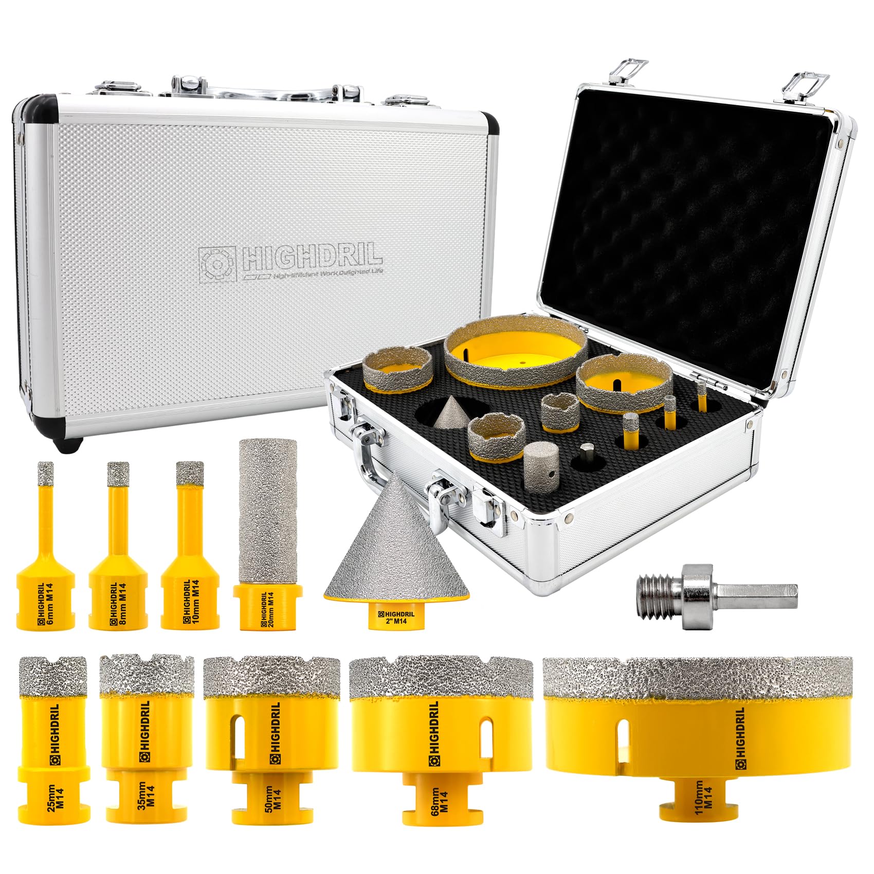 HIGHDRIL Diamond Hole Saw Kit - 6/8/10/25/35/50/68/110mm Drill Bits+adapter, Chamfer, Finger Bits - 11pc Core Drill Set for Porcelain Ceramic Tile Granite Marble — image 1
