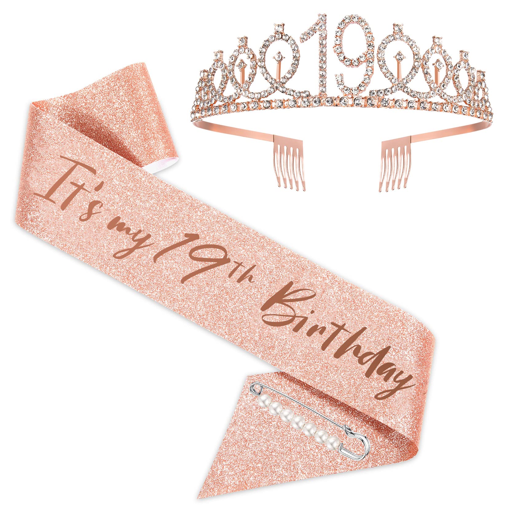 19th Birthday Sash and Tiara for Girls, Rose Gold Its my 19th Birthday Sash and Crown, 19th Birthday Gifts for Happy 19th Birthday Party Favor Supplies