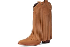 Bybmorto Fringe Cowboy Boots for Women – Mid Calf Cowgirl Boots with Star Studded, Pointed Toe and Chunky Heel, Perfect for Country Music Festivals