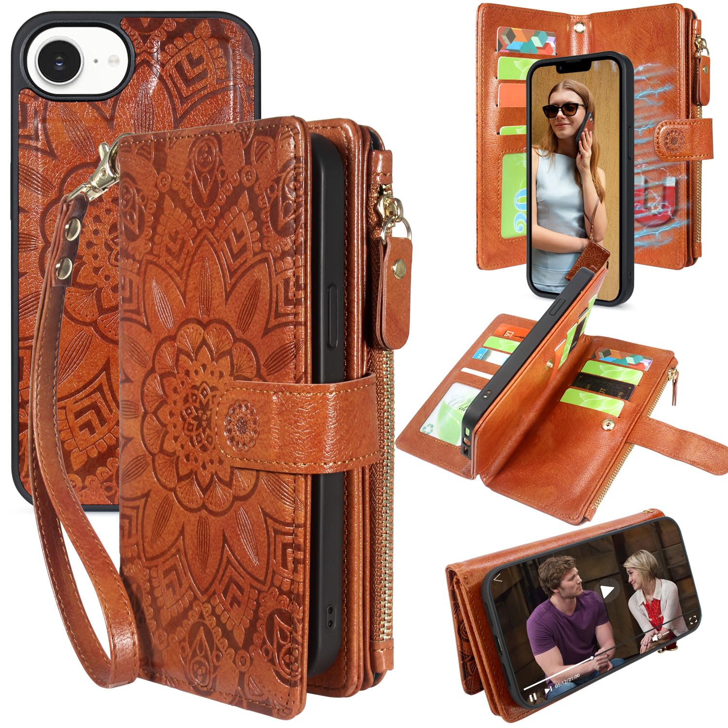 Photo 1 of Harryshell Compatible with iPhone 16E Wallet Detachable Magnetic Cover Zipper Leather Case with Cash Coin Pocket Multi Card Slots Holder Wrist Strap Lanyard (Flower Brown)