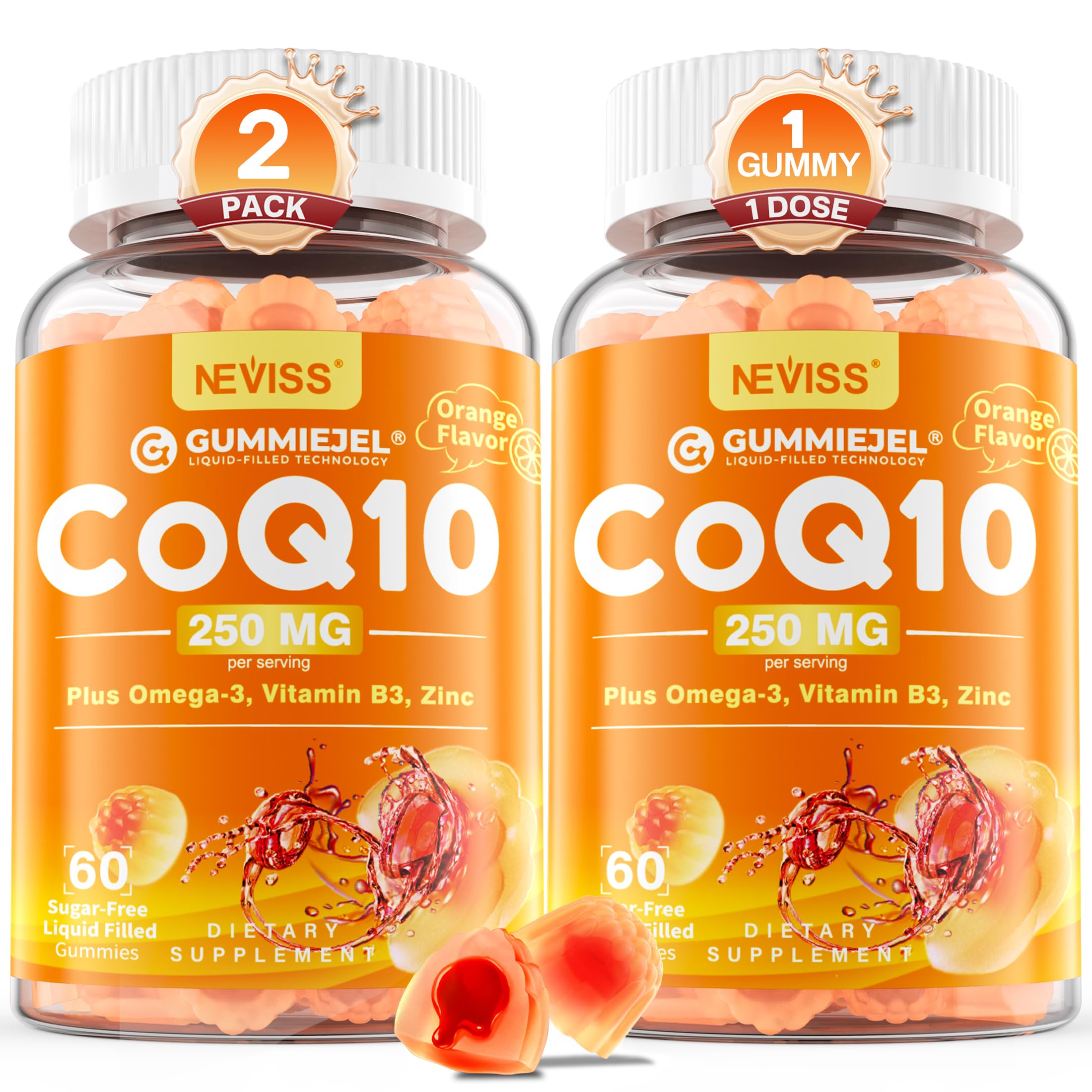 Sugar-Free CoQ10-250mg Filled Gummies - 4 Months Supply - Plus Omega-3, Vitamin B3 & Zinc, High Absorption Coenzyme Q10 Supplements for Hear-t Health, Cellular Energy & Antioxidant Support, 2-Pack Image