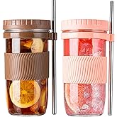 wookgreat 2 Pack Bubble Tea Cup, 24oz Iced Coffee Cups, Mason Jar with & Straws & 2 Airtight Lids, Reusable Wide Mouth Smoothie Boba Cup, Clean Brush, Glass Cups, Travel Drinking Bottle