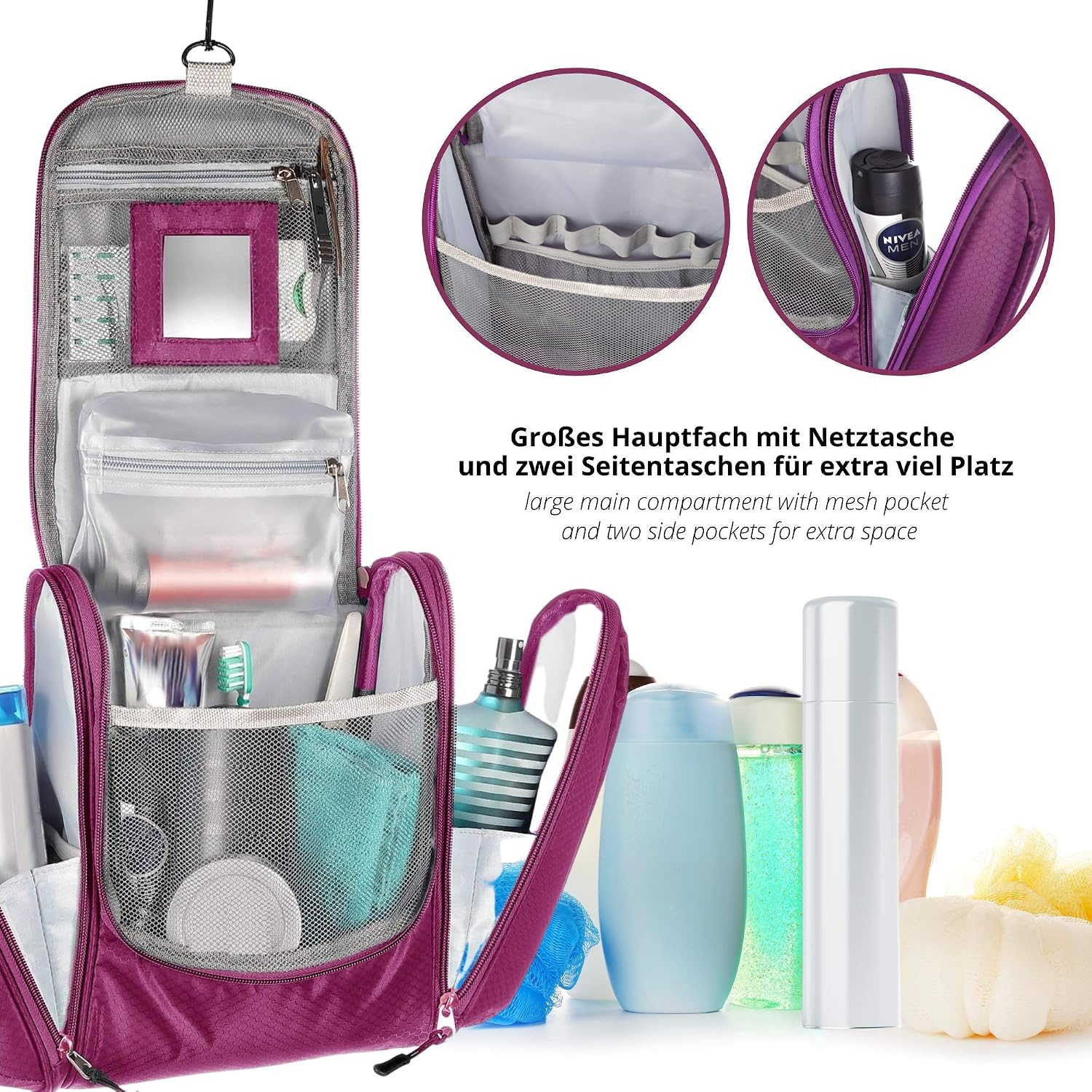 Large Premium Toiletry Bag with Mirror for Men and Women Large Wash Bag XXL Cosmetic Bag Spacious Toilet for Women and Men with Hook (Purple) - Image 5