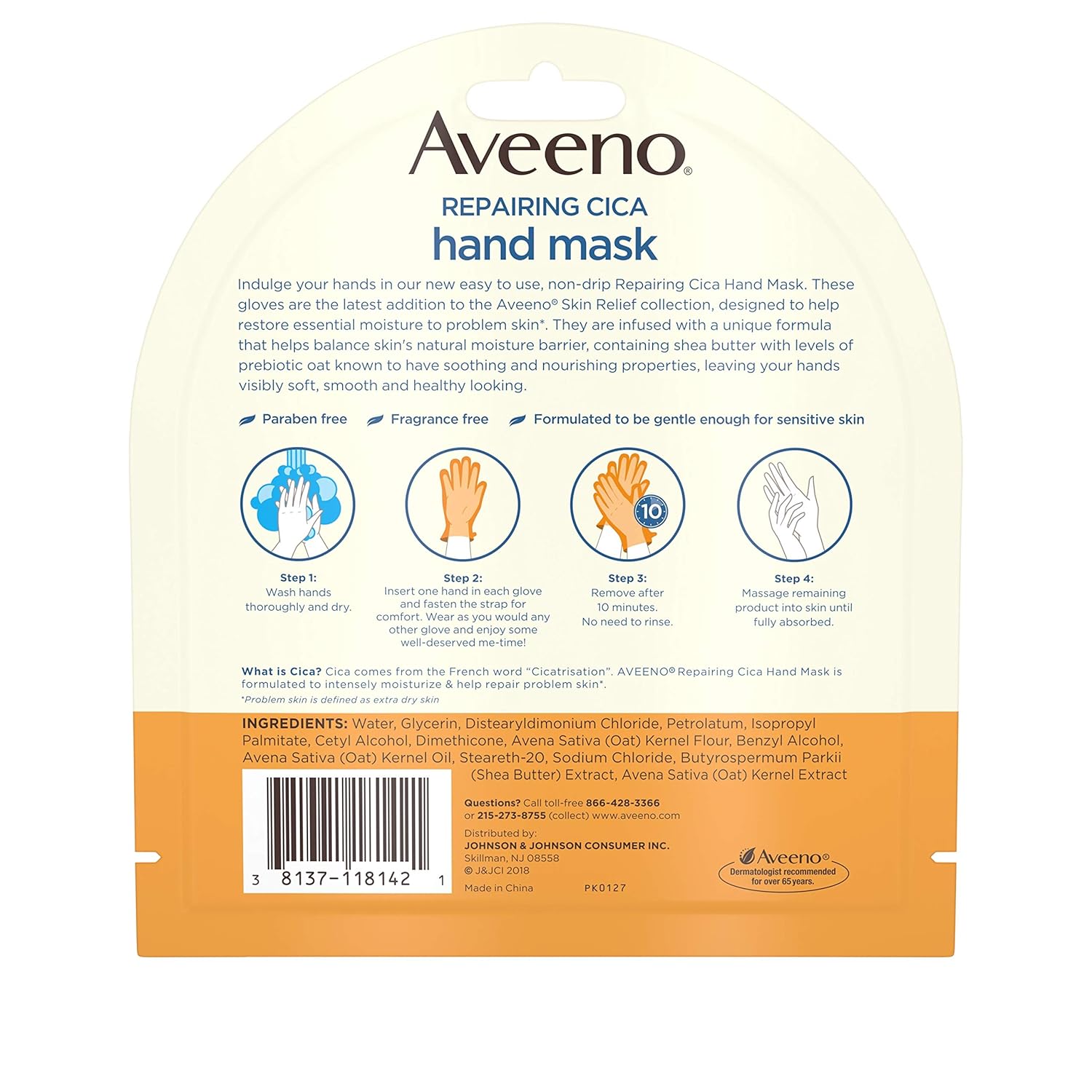 Aveeno Repairing CICA Hand Mask with Prebiotic Oat and Shea Butter for Extra Dry Skin, Paraben-Free and Fragrance-Free, 1 Pair of Single-Use Gloves : Beauty