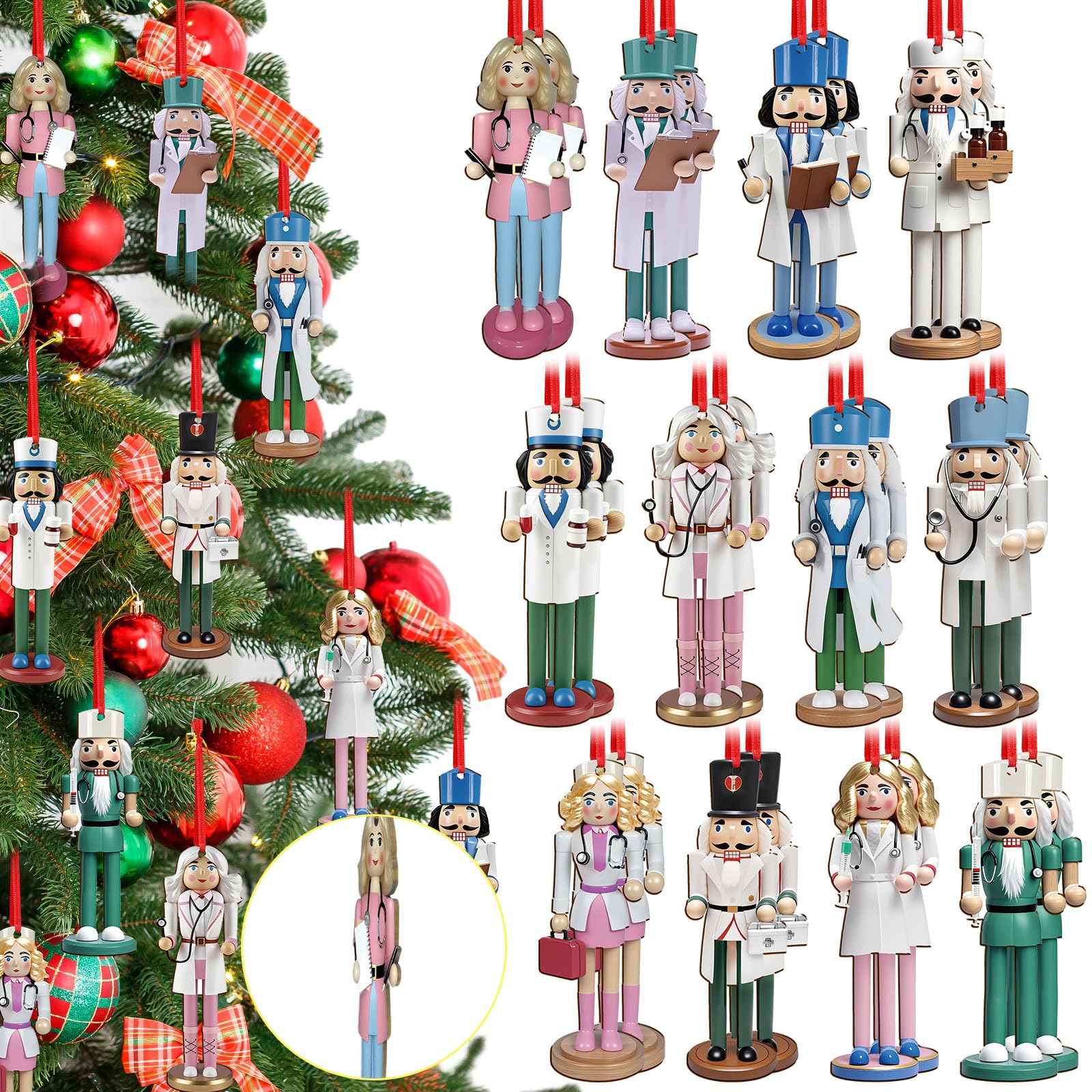 Photo 1 of AceOrbit 24 Pcs Christmas Nutcracker Ornaments 4.7 Inch Wooden Hanging Nutcrackers Figure for Christmas Tree Hanging Double-Sided Printing Holiday Decor Xmas Party Supplies(Doctor, Nurse)