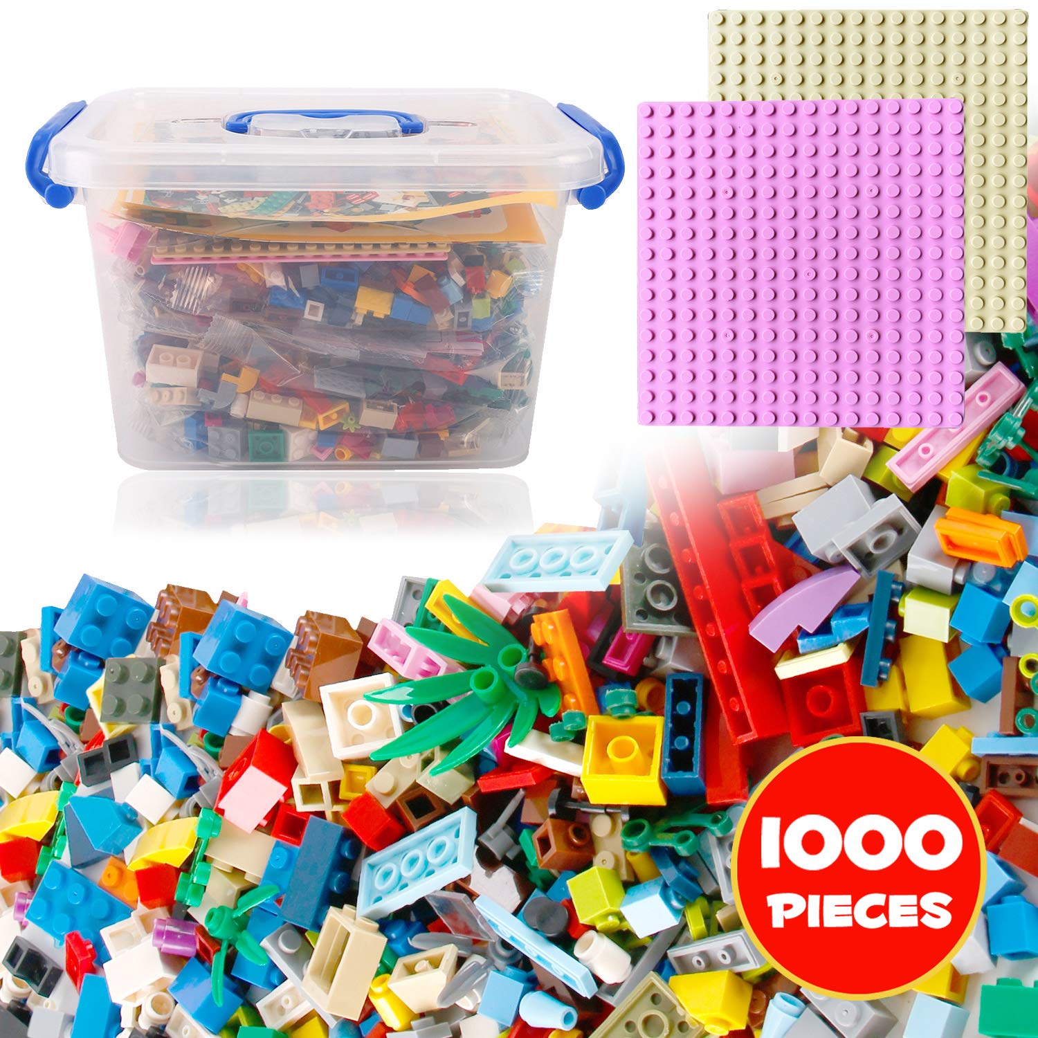 Photo 1 of Liberty Imports 1000 PCS Bucket of Mini Building Bricks Playset with Base Plates, 16 Color Classic and Pastel Mix Blocks Set in Carrying Case, Tight Fit and Compatible with All Major Brands