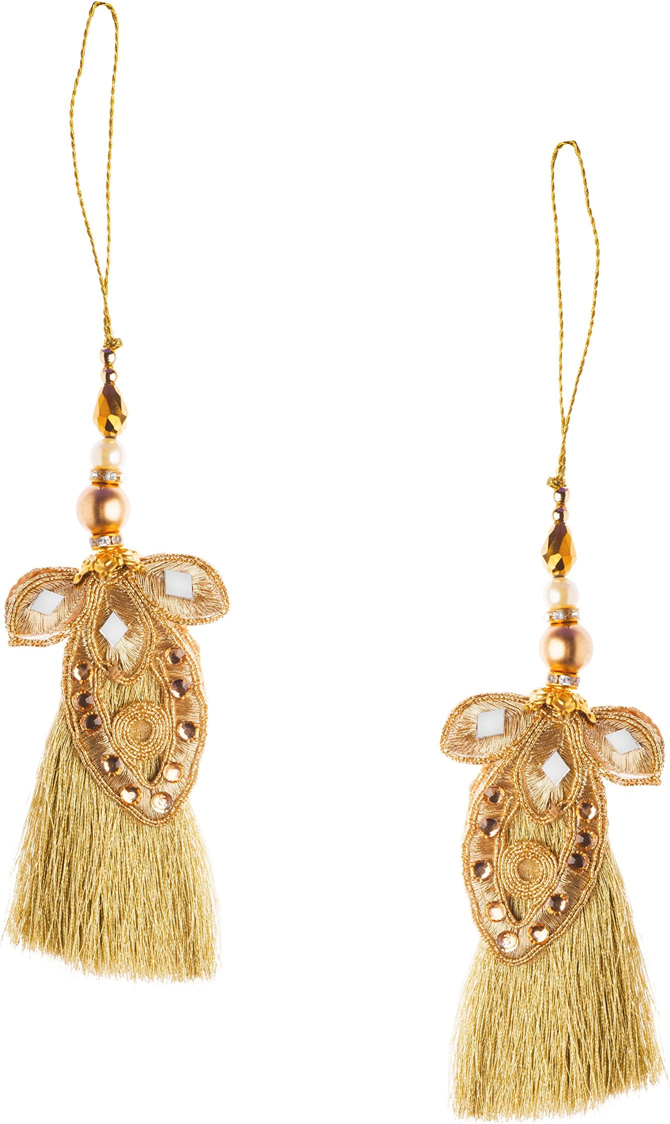 Pair (2) of Traditional Golden Blouse Tassels, Saree Latkans, Hangings,Golden Threads, Mirror