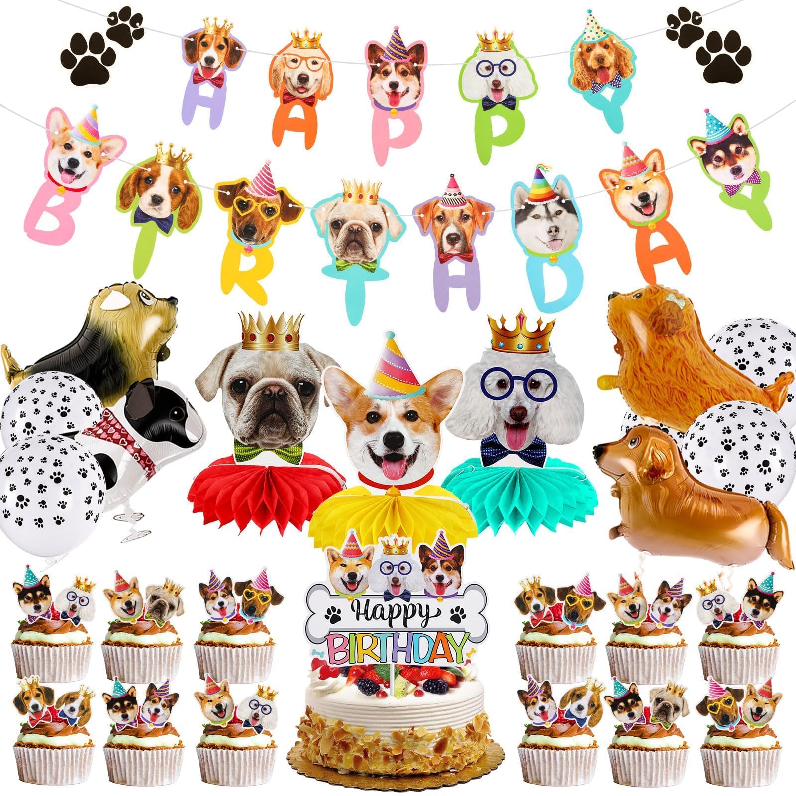 Photo 1 of 39 Pcs Dog Party Decorations - Birthday Banner, Honeycombs, Balloons & Cupcake Toppers for Dog Lovers