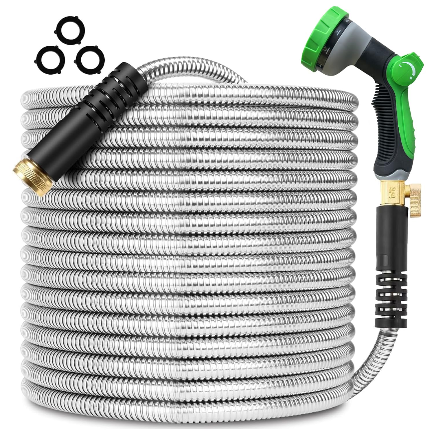 Photo 1 of 100FT Metal Garden Hose 304 Stainless Steel Flexible Water Hose - No Kink & Tangle Heavy Duty Pipe with Nozzle, Durable 3/4 Metal Fittings and Valve - Rust Proof Puncture Proof for Yard Lawn