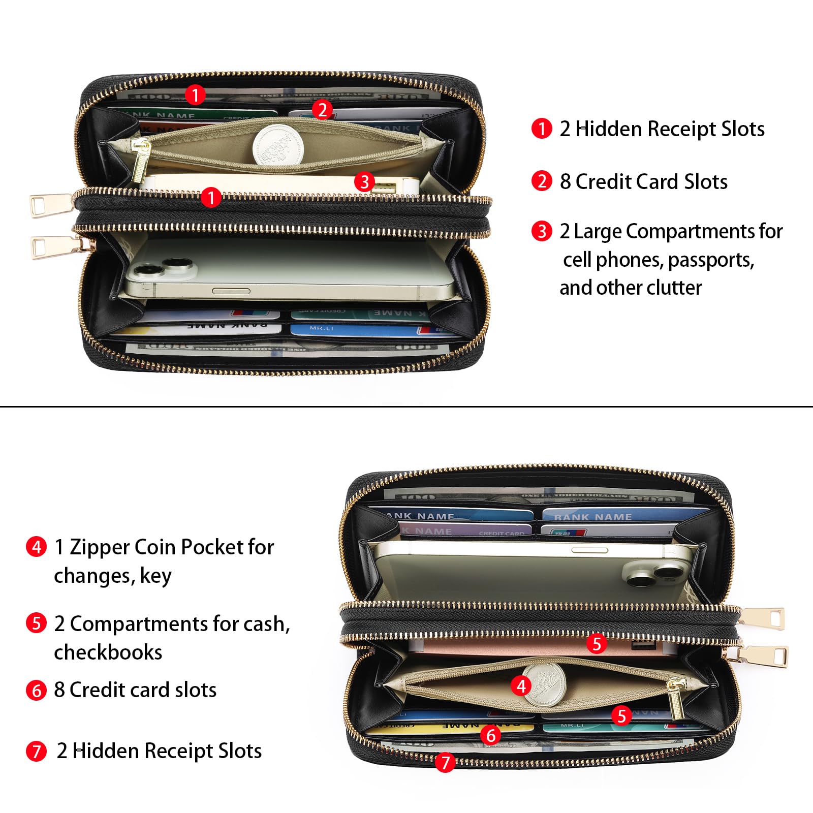 GOIACII Women's Wallet Large Capacity Double Zip Ladies Card Phone Holder RFID Blocking Wristlet Leather