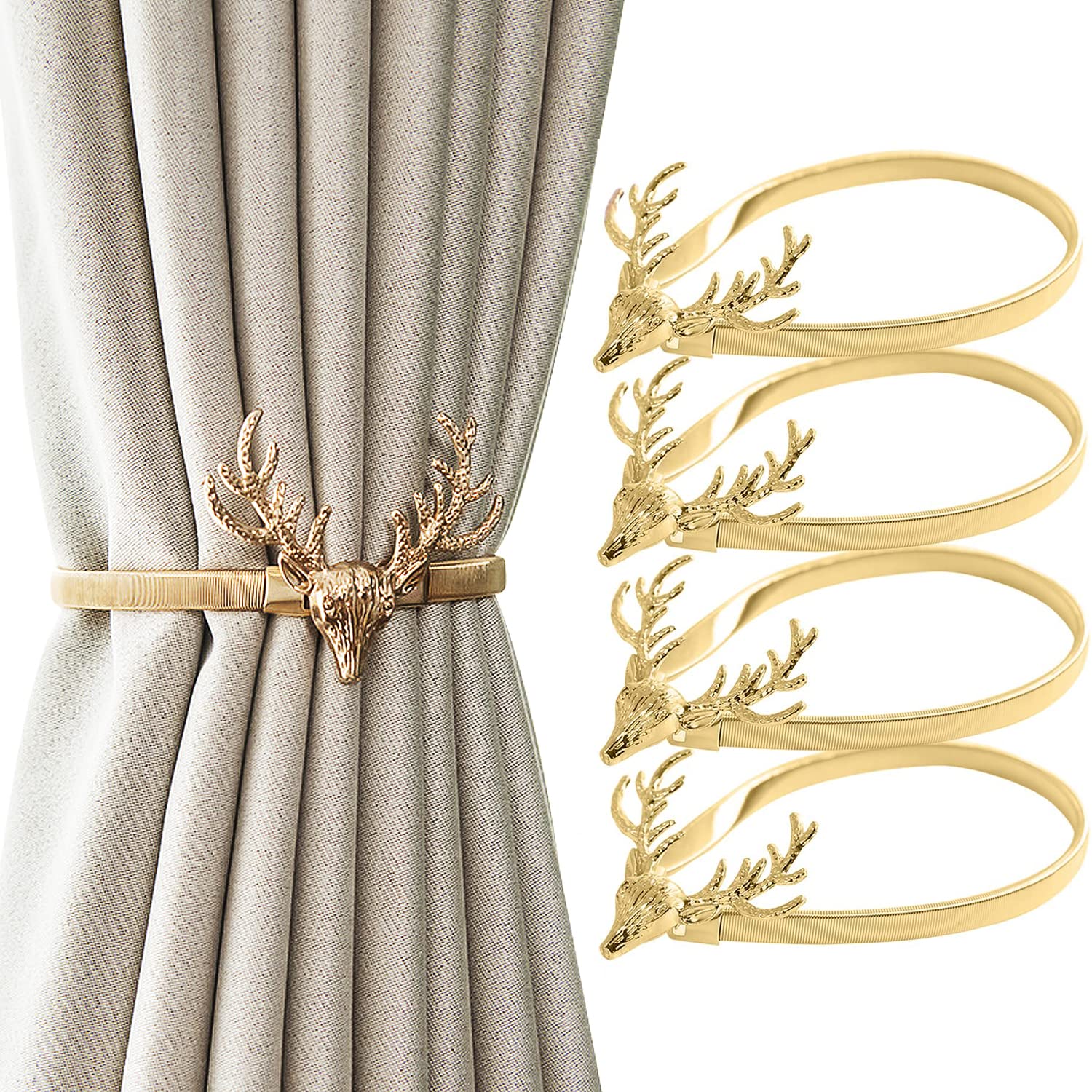 Newsmy Deer Curtain Tie Backs, 4 Pcs Gold Tie Backs for Curtains, Metal Curtain Holdbacks & Decorative Curtain Tiebacks Set, Curtain Holdback for Home & Office